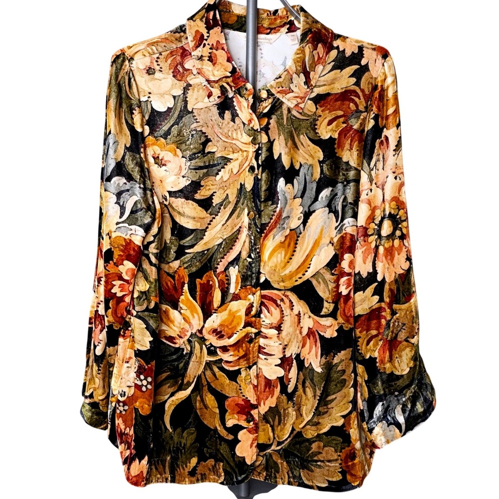 Soft Surroundings Poet Wmns PM Floral Velvt Button Tunic Top Tapstry Silk Blend